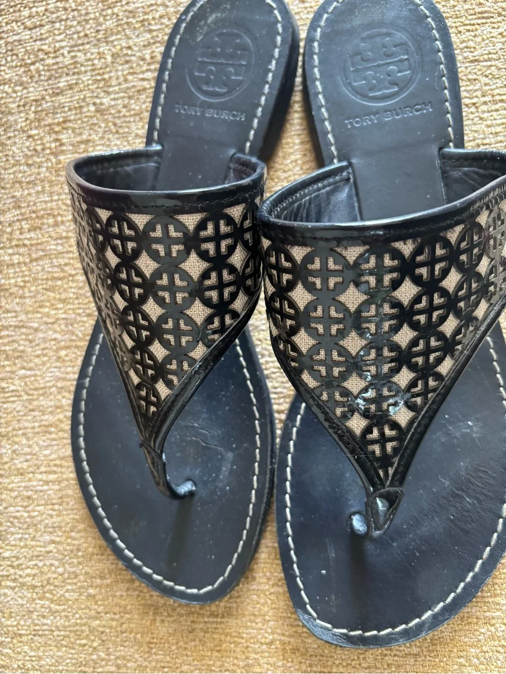 Tory Burch Navy blue and ivory thongs Laser-Cut Leather Toe-Post Sandals 8M